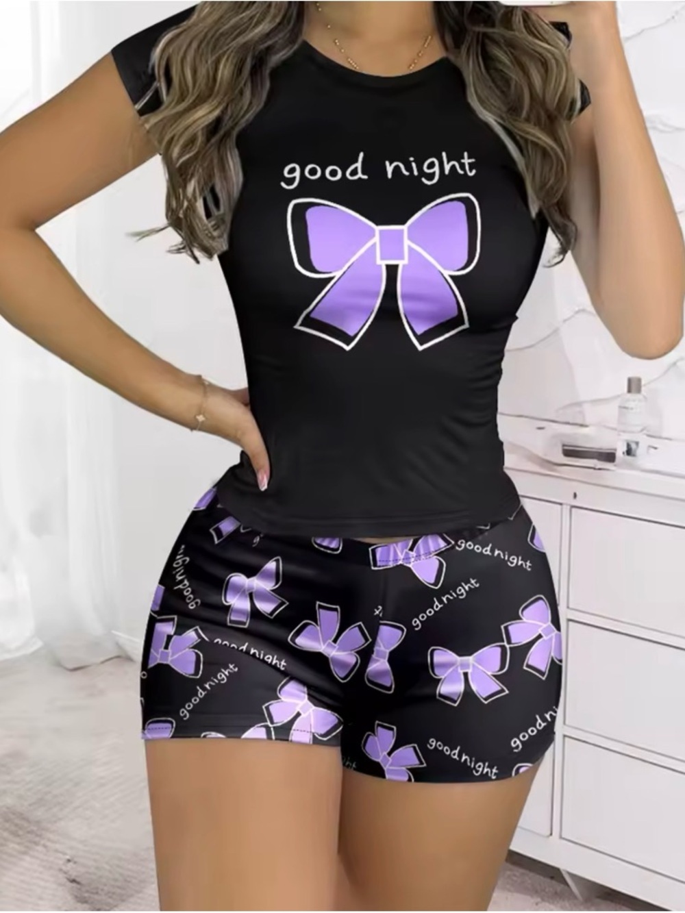 Women’s 2 Piece Pajama Set Black Purple Bow “Good Night” Shorts Set